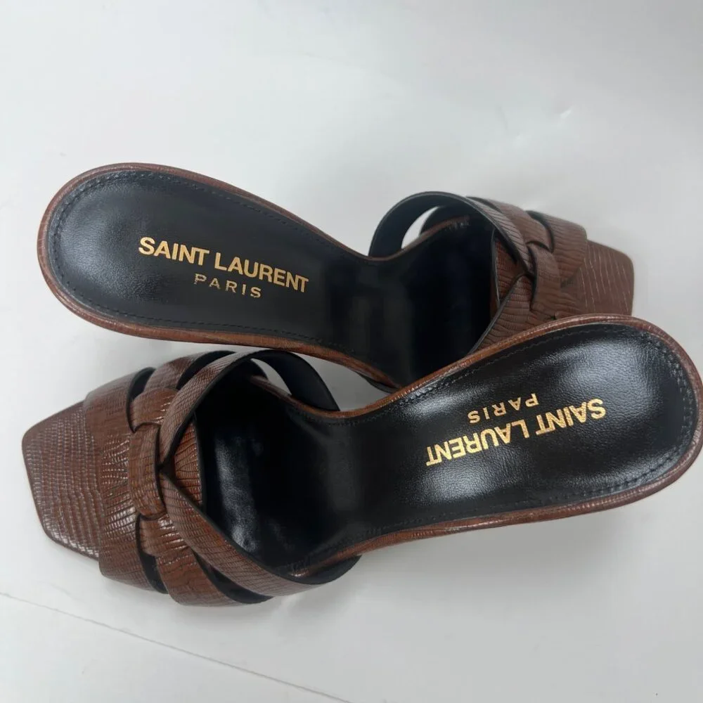 Saint Laurent Tribute Leather Heeled Mules Brown Women Slides Size 37 US7.5 - Picture 13 of 13